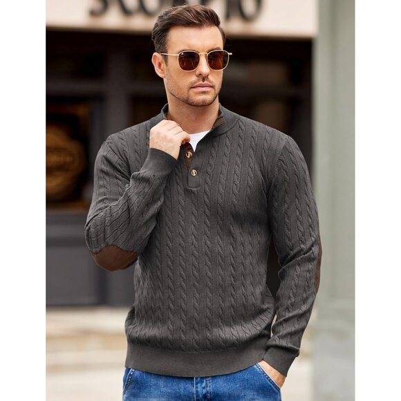 Men's Cable Knitted Pullover Sweaters Long Sleeve Stand Collar Button Up Gray - Picture 2 of 6